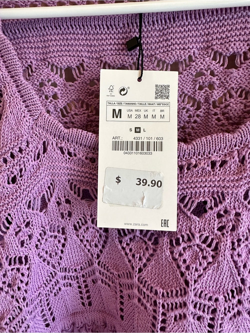 NWT Women’s M Zara Pointelle Knit Crochet Crop Sweater Purple Puff Sleeves - Picture 5 of 7